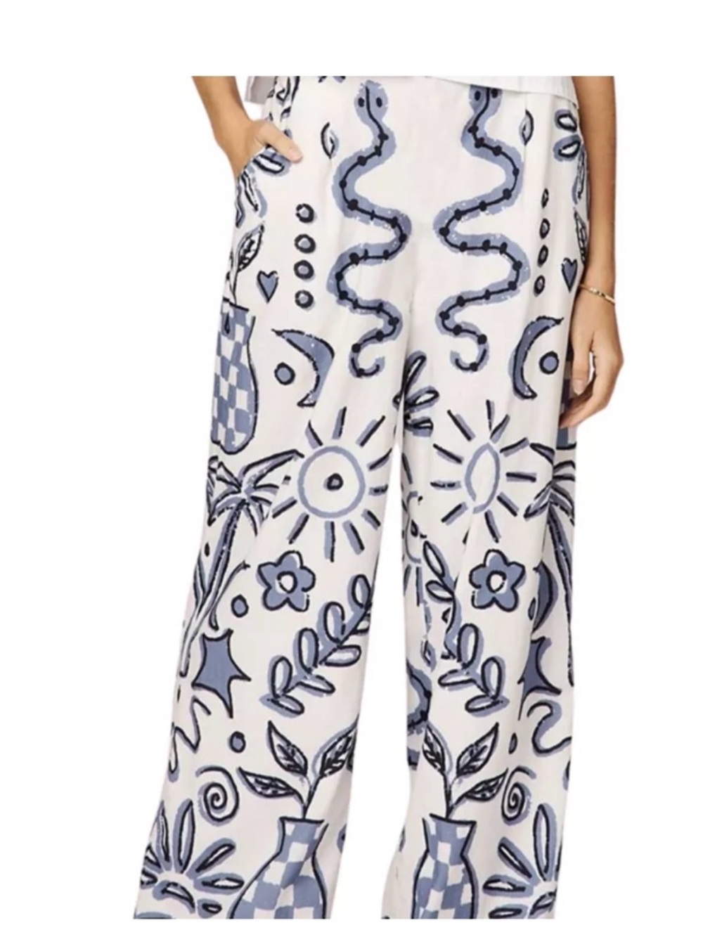 Cleobella Orion Pants Small Verona Print Blue White Wide Leg Boho Resort NWT